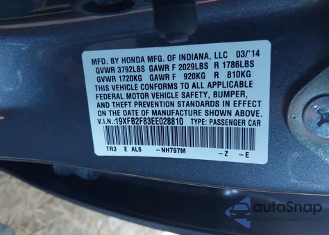 2014 Honda Civic Ex z USA, uszkodzony, nr VIN 19XFB2F83EE028810